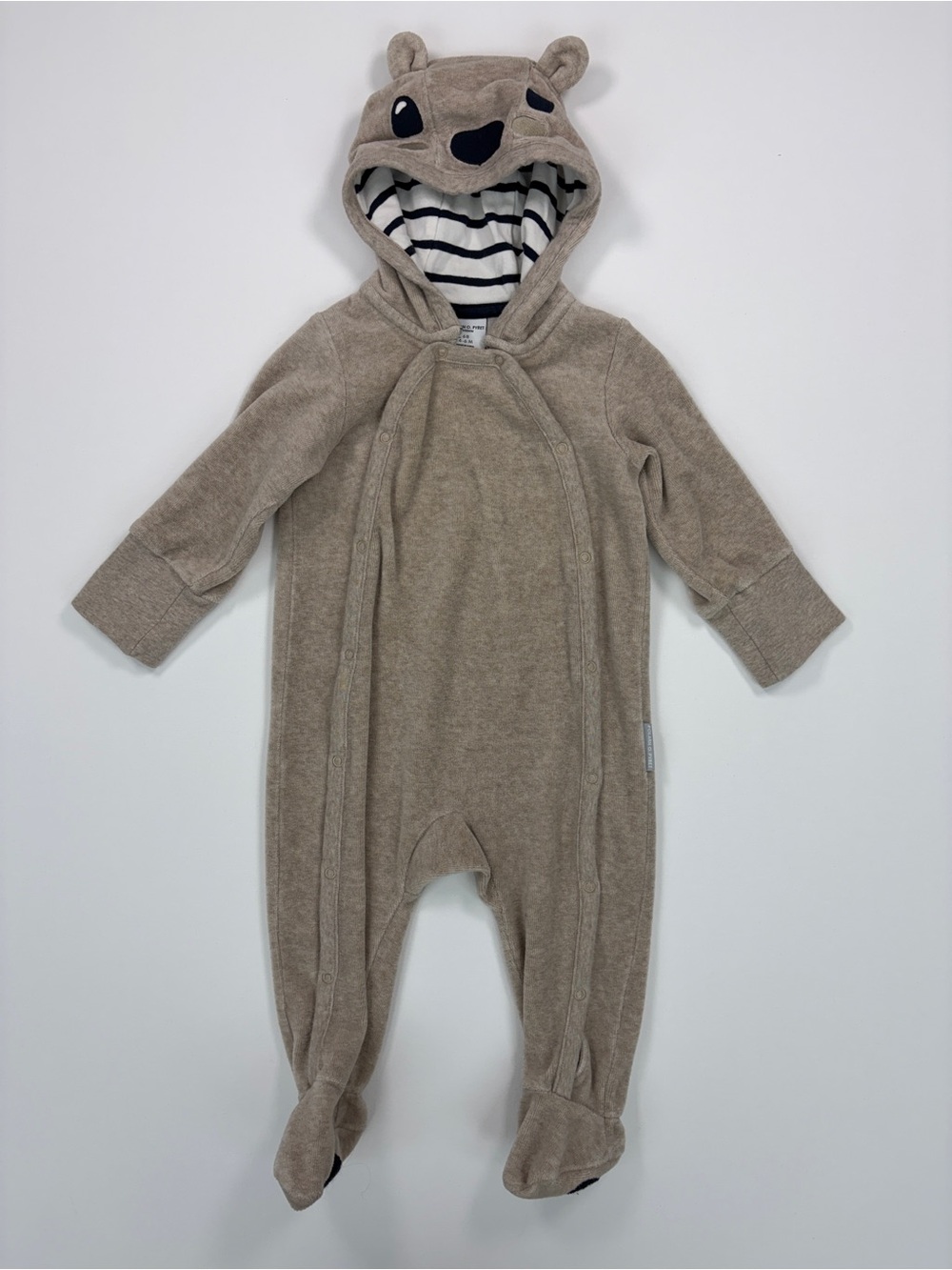 Polarn O. Pyret 68 (4-6m) Hooded Bear One-Piece Velour Romper / Bunting Taupe